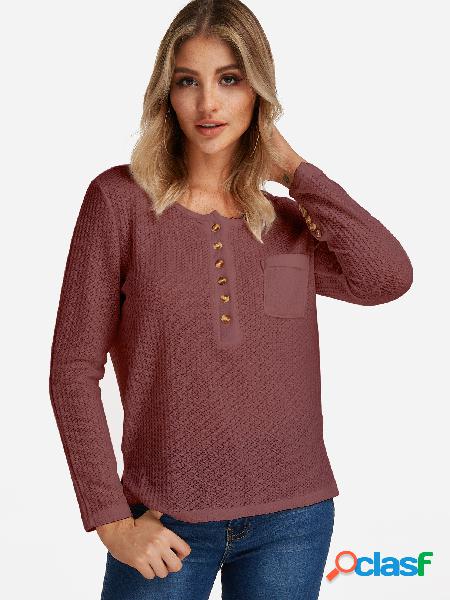 Coffee Single breasted Crew Neck Button Design Long Sleeves