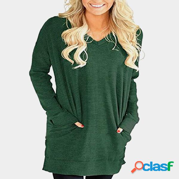 Green Cozy V-neck Long Sleeves Longline Top