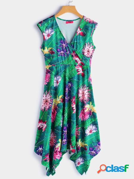 Green Random Floral Print V-neck Sleeveless Midi Dress