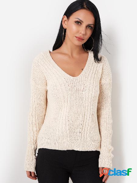 Khaki Crossed Back Design V-neck Long Sleeves Cable Knitted