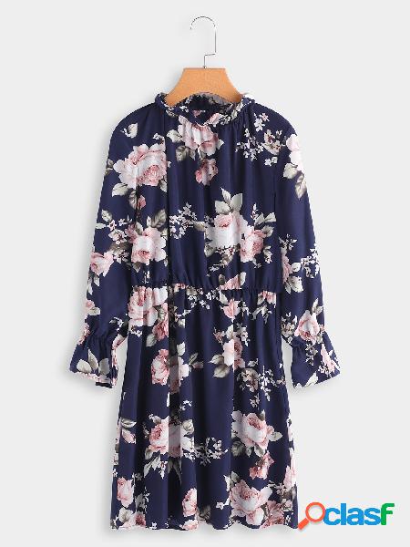 Navy Random Floral Print Crew Neck Flared Sleeves Stretch