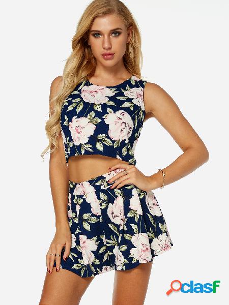 Navy Random Floral Print Sleeveless Cross Back Co-ord