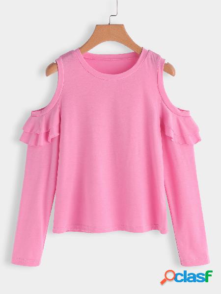 Pink Flounced Details Plain Round Neck Long Sleeves T-shirts