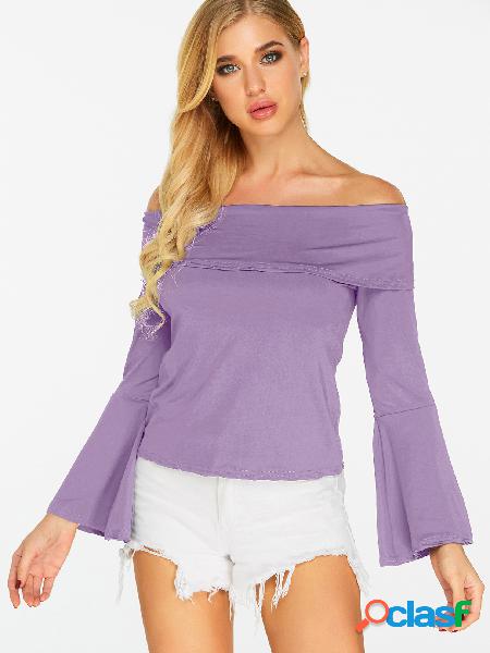 Purple Plain Off Shoulder Bateau Neck Long Sleeves Blouses