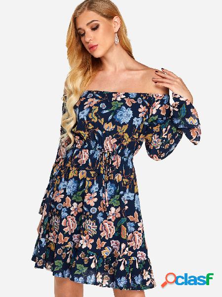 Random Floral Print Off The Shoulder High Waist Party Dress