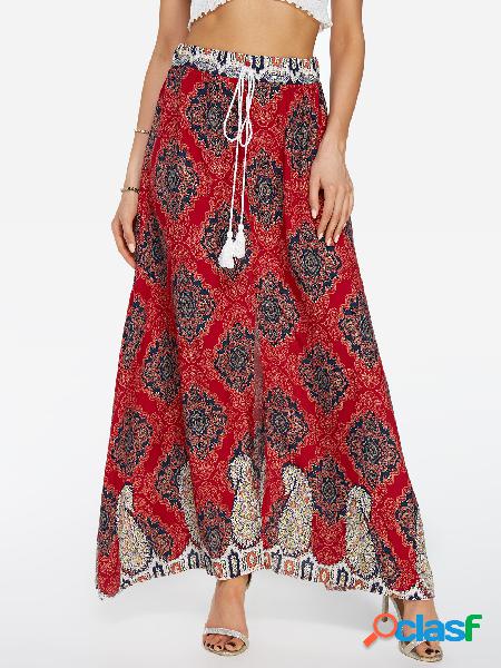 Red Slit Design Random Floral Print Drawstring Waist Skirts