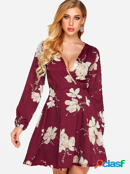 Red Tie-up Black Random Floral Print Crossed Collar Dress