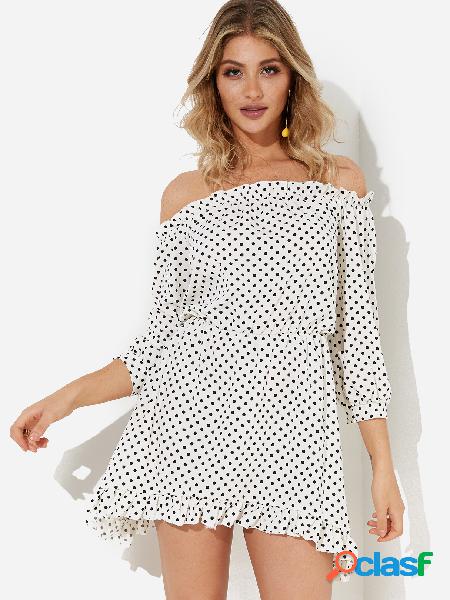 White Polka Dot Off Shoulder Lantern Sleeves Dress With