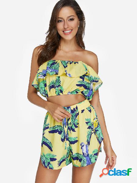 Yellow Floral Print Tube Top & High-waisted Shorts Two Piece