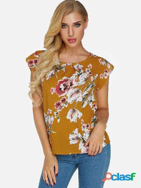 Yellow Random Floral Print Round Neck Top