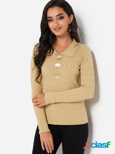 Beige Lapel Collar Long Sleeves Top