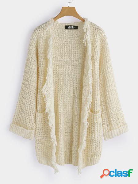 Beige Tassel Details Side Pockets Long Sleeves Knitted Coat