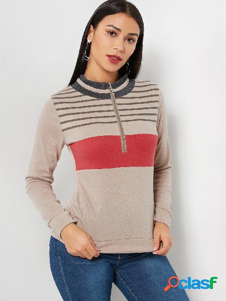 Beige Zipper Front Stripe Perkins Collar Long Sleeves