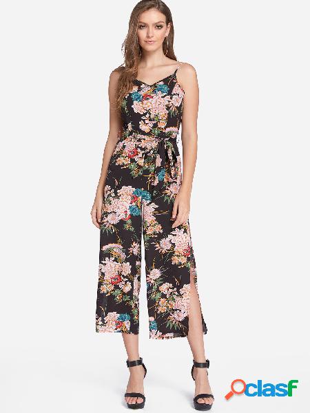 Black Backless Design Random Floral Print Middle-waisted