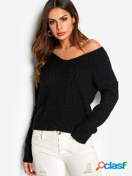 Black Crossed Back Design V-neck Long Sleeves Cable Knitted