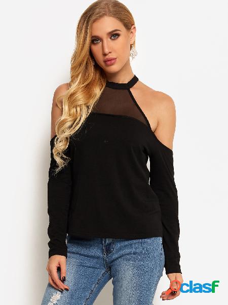 Black Net Yarn Cold Shoulder Long Sleeves Top