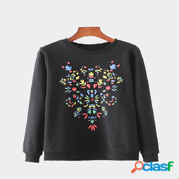 Black Print Front Long Sleeves Round Neck Sweatshirt