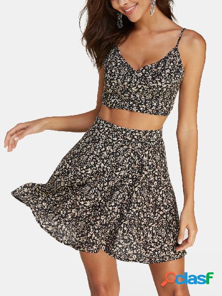 Black Random Floral Print Crop Top & Mini Skirt Two Piece