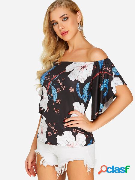 Black Random Floral Print Off The Shoulder Bell Sleeves