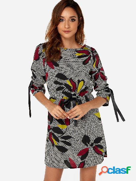 Black Random Floral Print Self-tie Design Dress