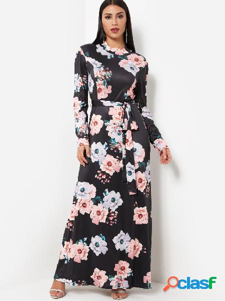 Black Round Neck Long Sleeves Self-Tie Waist Floral Print