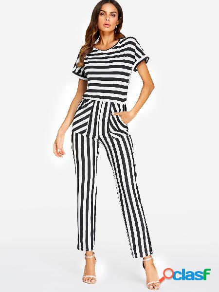 Black Side Pockets Stripe Round Neck Short Sleeves Jumpsuit