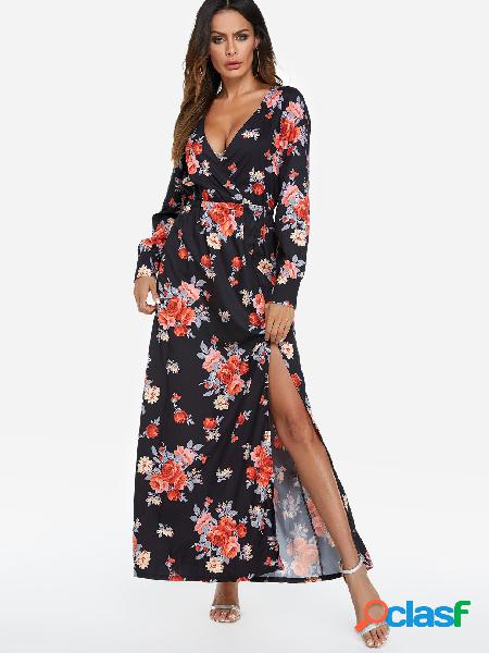 Black Slit Design Random Floral Print Deep V Neck Long