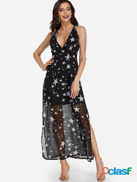 Black Star Pattern Backless Halter Deep V-Neck Sleeveless