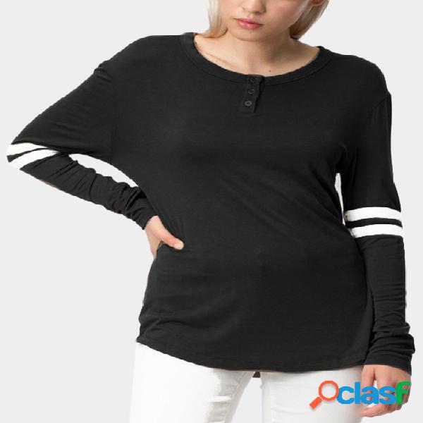 Black Stripe Patten Button Design Long Sleeve T-shirt