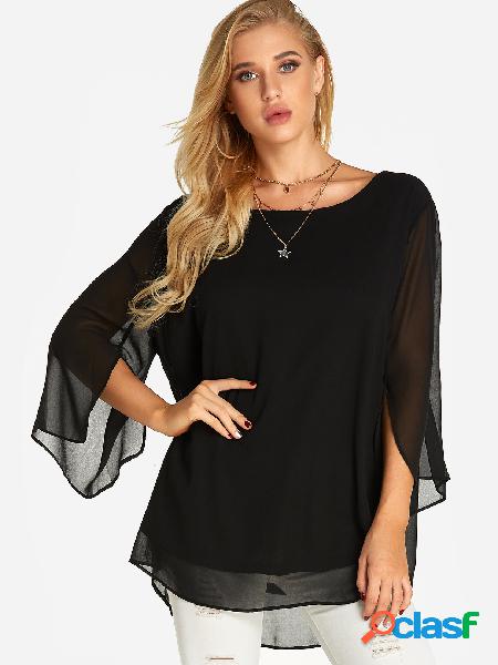 Black Tiered Round Neck See Through Design 3/4 Length