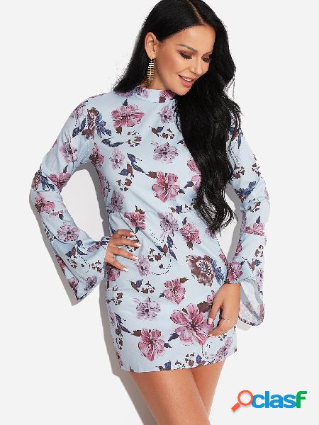 Blue Open Back Random Floral Print Bell Sleeves Mini Dress