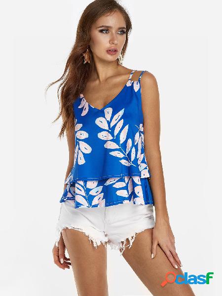 Blue Random Floral Print V-neck Camis