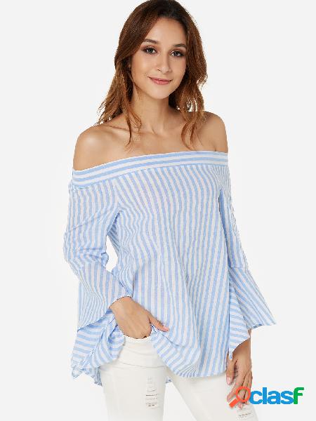 Blue Self-tie Design Stripe Off Shoulder Flared Sleeves