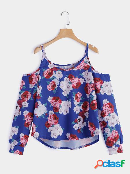 Blue Spaghetti Floral Print Cold Shoulder T-shirts