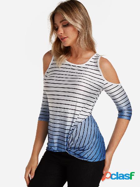 Blue Stripe Knnotted Front Design Round Neck Cold Shoulder