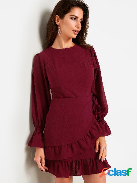 Burgundy Bell Sleeves Self Tie Design Flounced Hem Dresses