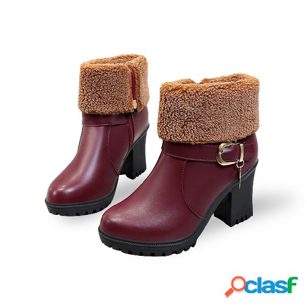 Burgundy Buckle detail Fur Lining Warm Boots