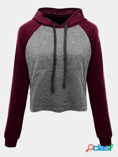 Burgundy Color Block Crew Neck Long Sleeves Hoodie