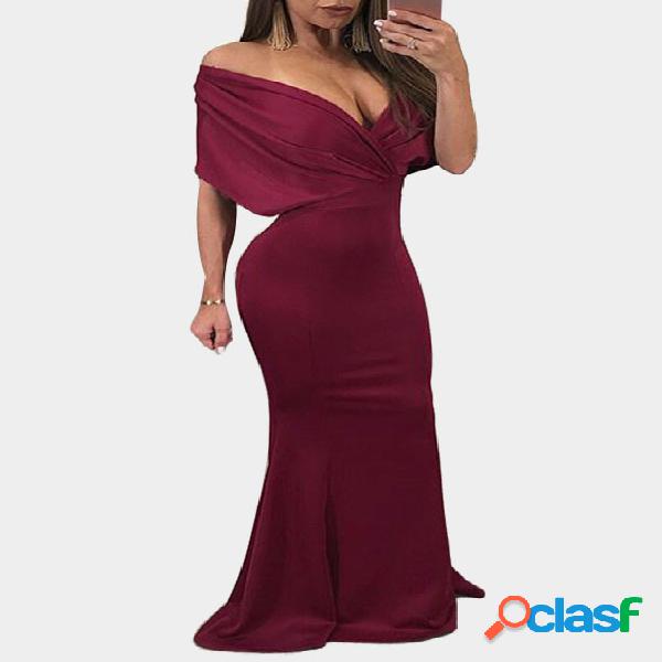 Burgundy Crossed Front V-neck Maxi Party Dress