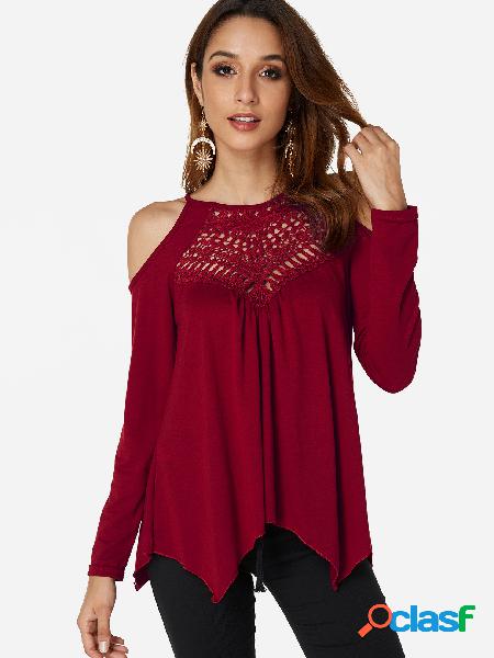 Burgundy Hollow Cold Shoulder Long Sleeves T-shirts