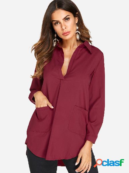 Burgundy Side Pockets Classic Collar Long Sleeves Tees