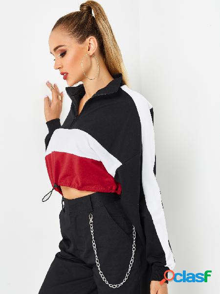 Color Block Long Sleeves Drawstring Waist Quarter-Zip Crop