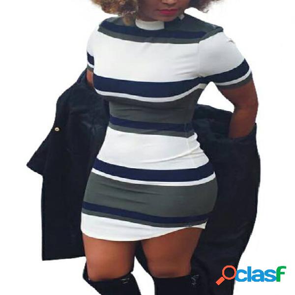Color Block Round Neck Curved Hem Mini Dress