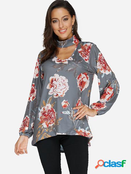 Dark Grey Cut Out Random Floral Print Perkins Collar Long