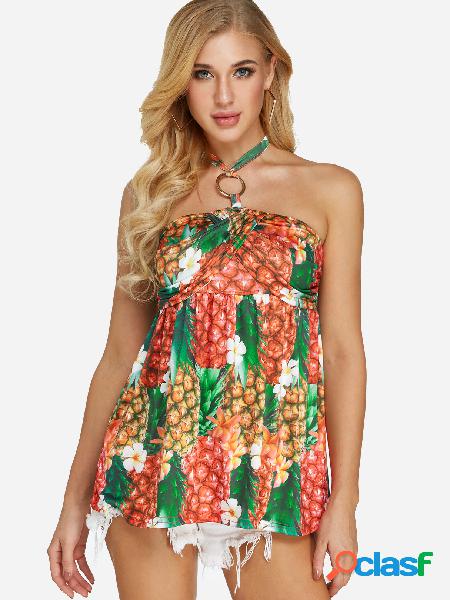 Green Backless Design Floral Print Halter Sleeveless Camis