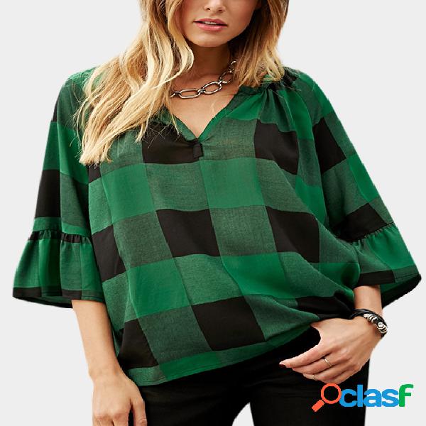 Green Grid V-neck Flared 3/4 Length Sleeves Blouses