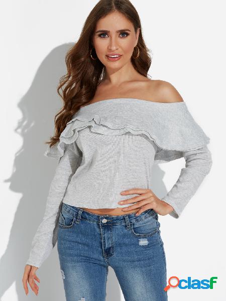 Grey Backless Design Plain Off The Shoulder Long Sleeves