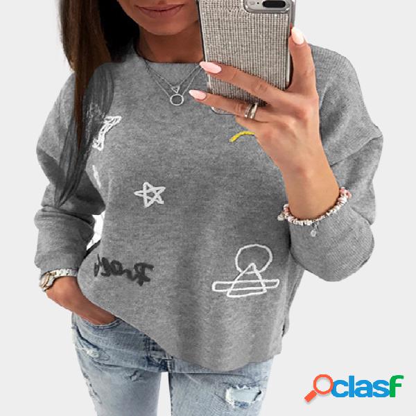 Grey Embroidery Pattern Round Neck Sweatshirt