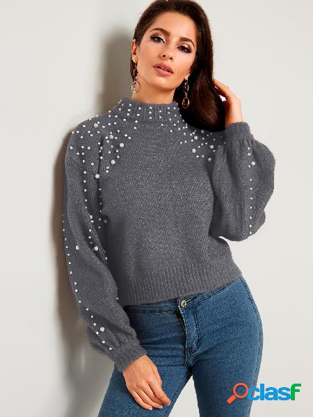 Grey Handmade Beaded Details High Neck Long Sleeves Sweaters