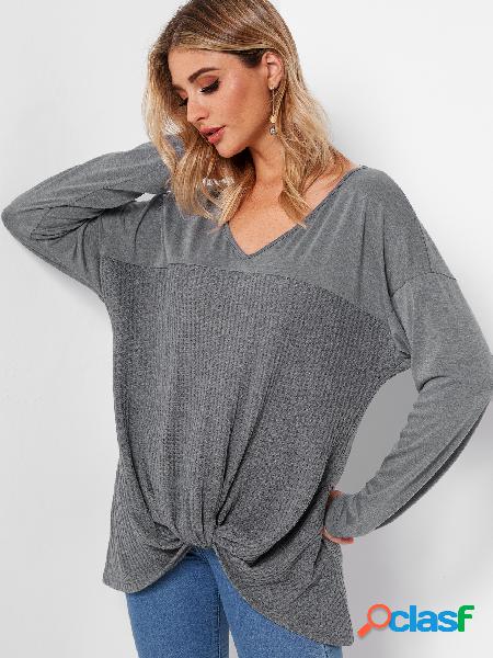 Grey Knotted Front Design V-neck Long Sleeves T-shirts